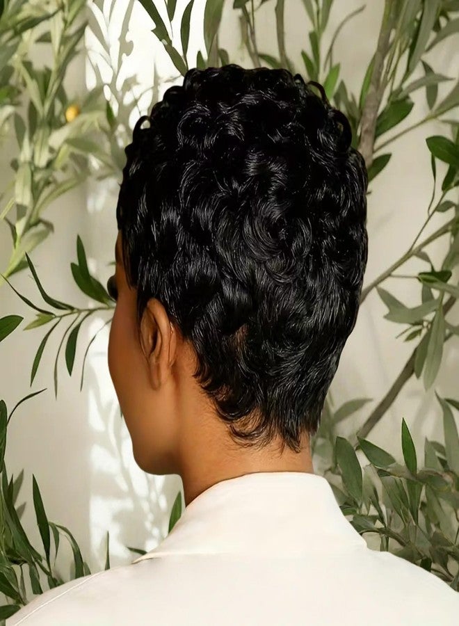 SAEIALL Short Pixie Cut Wig Human Hair 1B Black Curly Wave Human Hair Wig Layered Natural Looking Short Style for Black Women None Lace Front Throw On and Go Wigs - Image 5